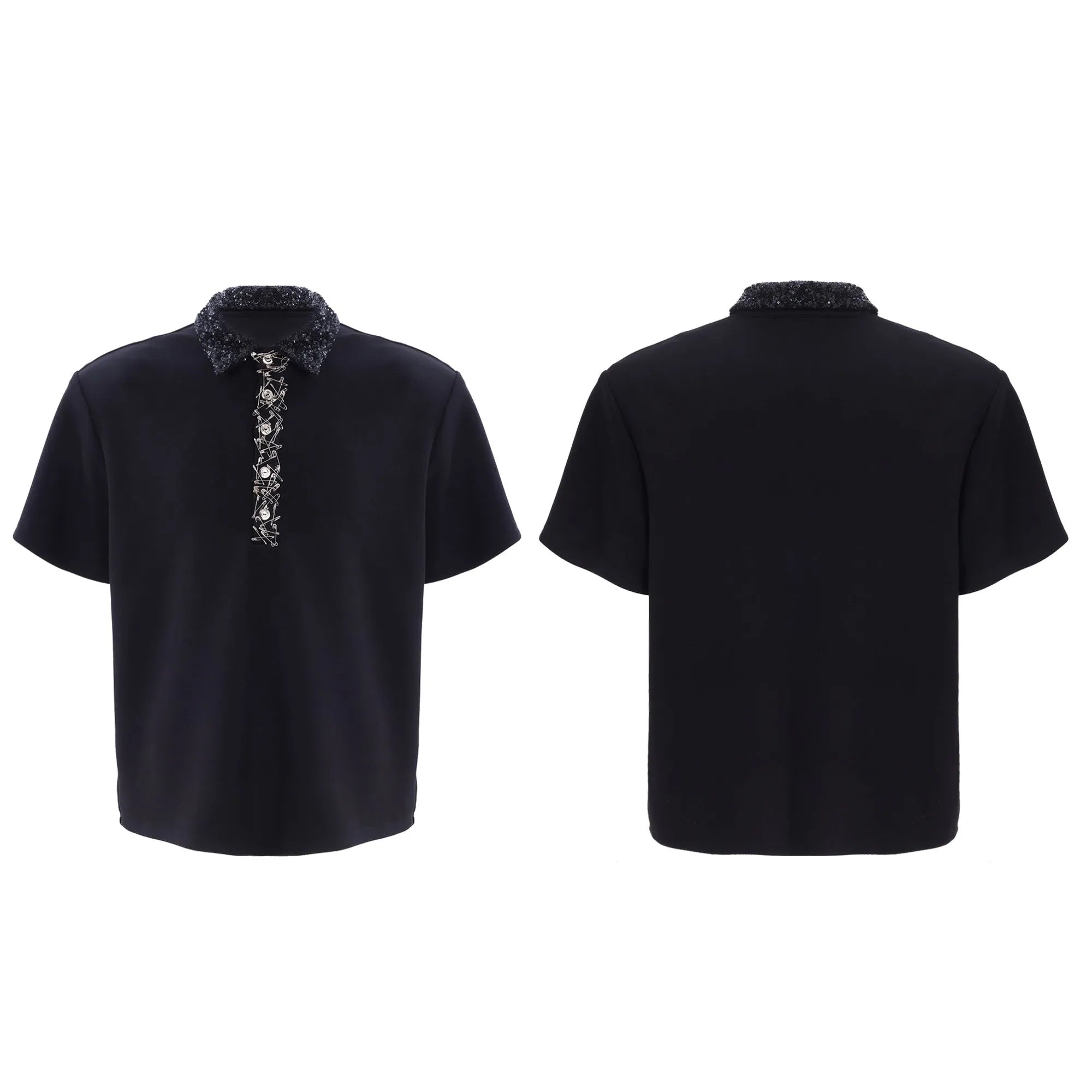 Loose-fit black men's polo t-shirt with a square collar and heavy sequin embroidery on the chest.