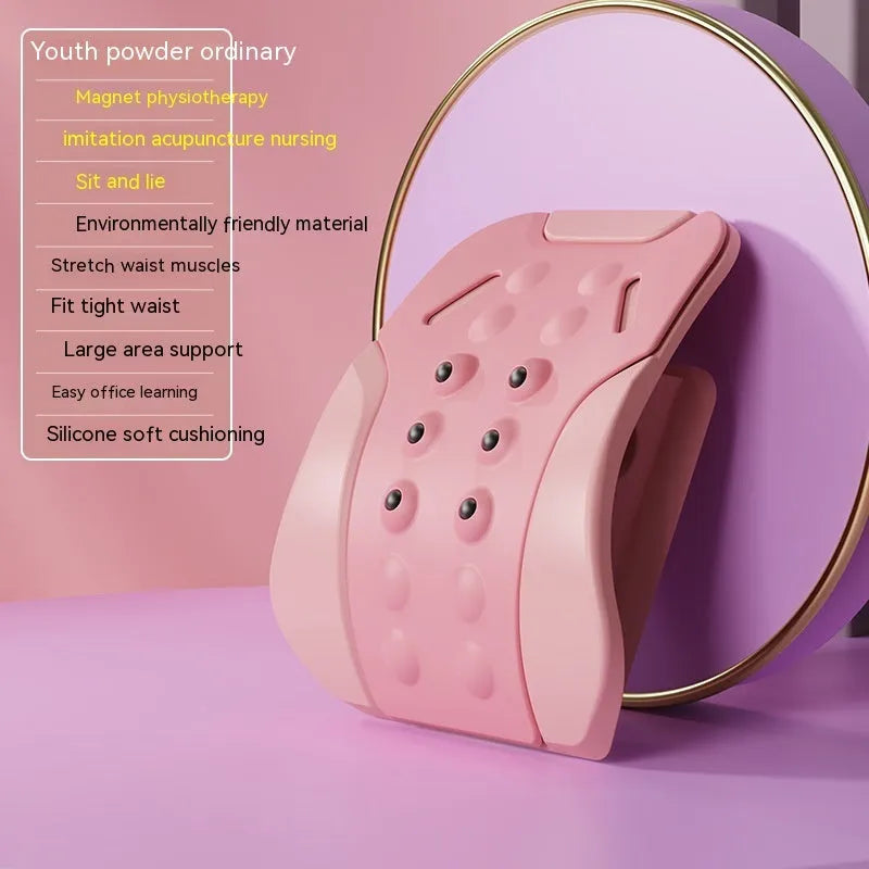 Lumbar traction tensioner in pink PP and EVA construction for yoga and fitness back stretching