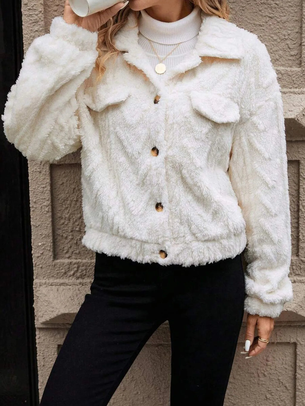 Women's ivory white double-sided plush button cardigan top coat with long sleeves