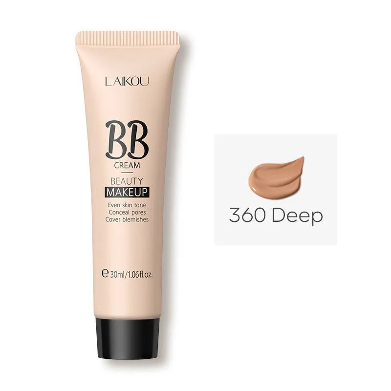 30ml tube of BB cream shown with swatches of its nine shades from light to dark.