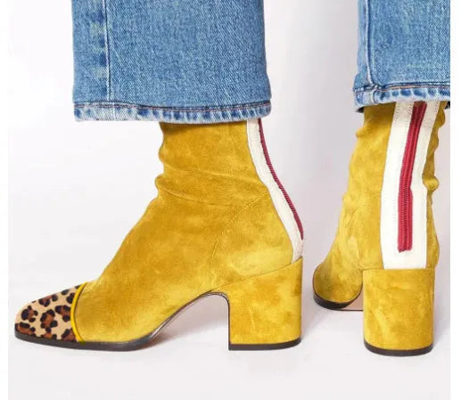 High heel square toe suede Martin boots, chunky heel, back zipper, leopard print, low-cut, women's size 34-43