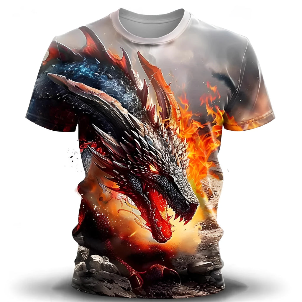 Man wearing a grey T-shirt with a detailed blue and black 3D wind dragon print across the chest.