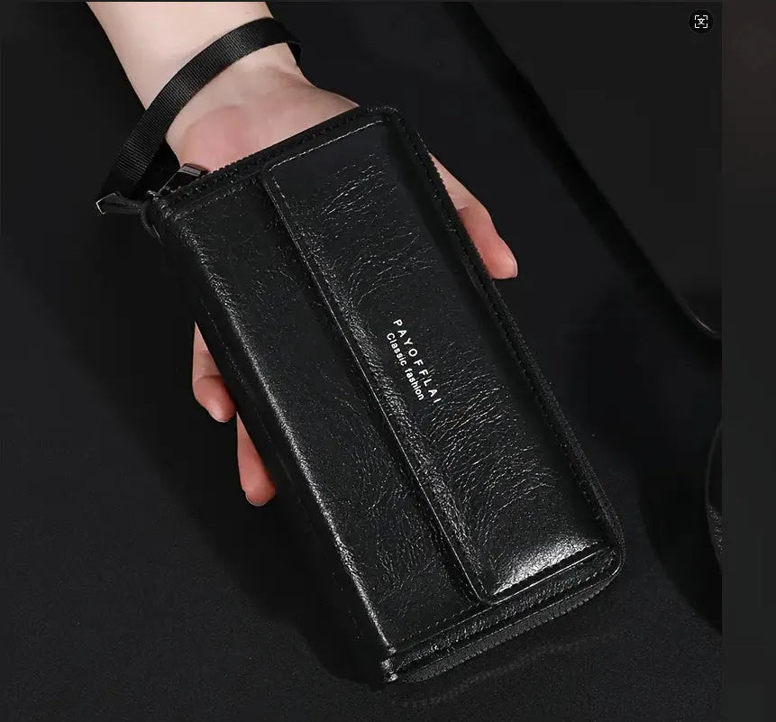 Men's black PU wallet with multiple card slots in casual long 19x10.5x4cm design