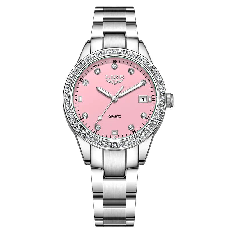 Silver fashion quartz watch with diamond markers on a 34mm stainless steel case and luminous hands.