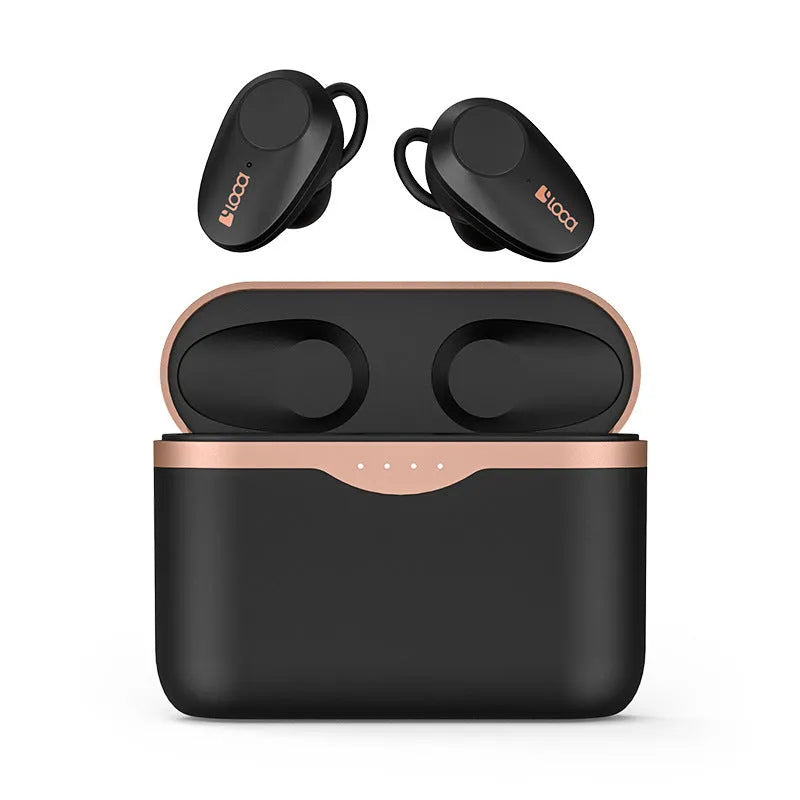 Black wireless Bluetooth headset with charging stand showing bilateral earbuds and Type-C charging port