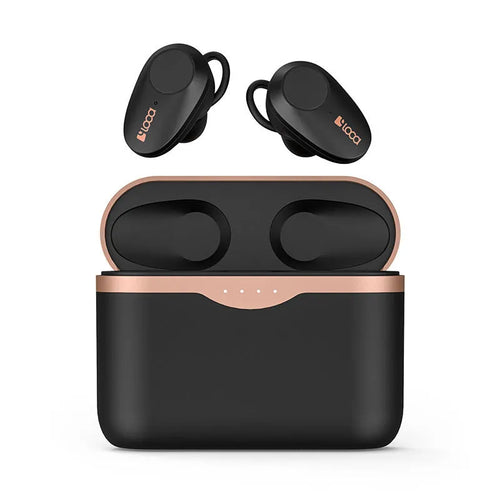 Black wireless Bluetooth headset with charging stand showing bilateral earbuds and Type-C charging port