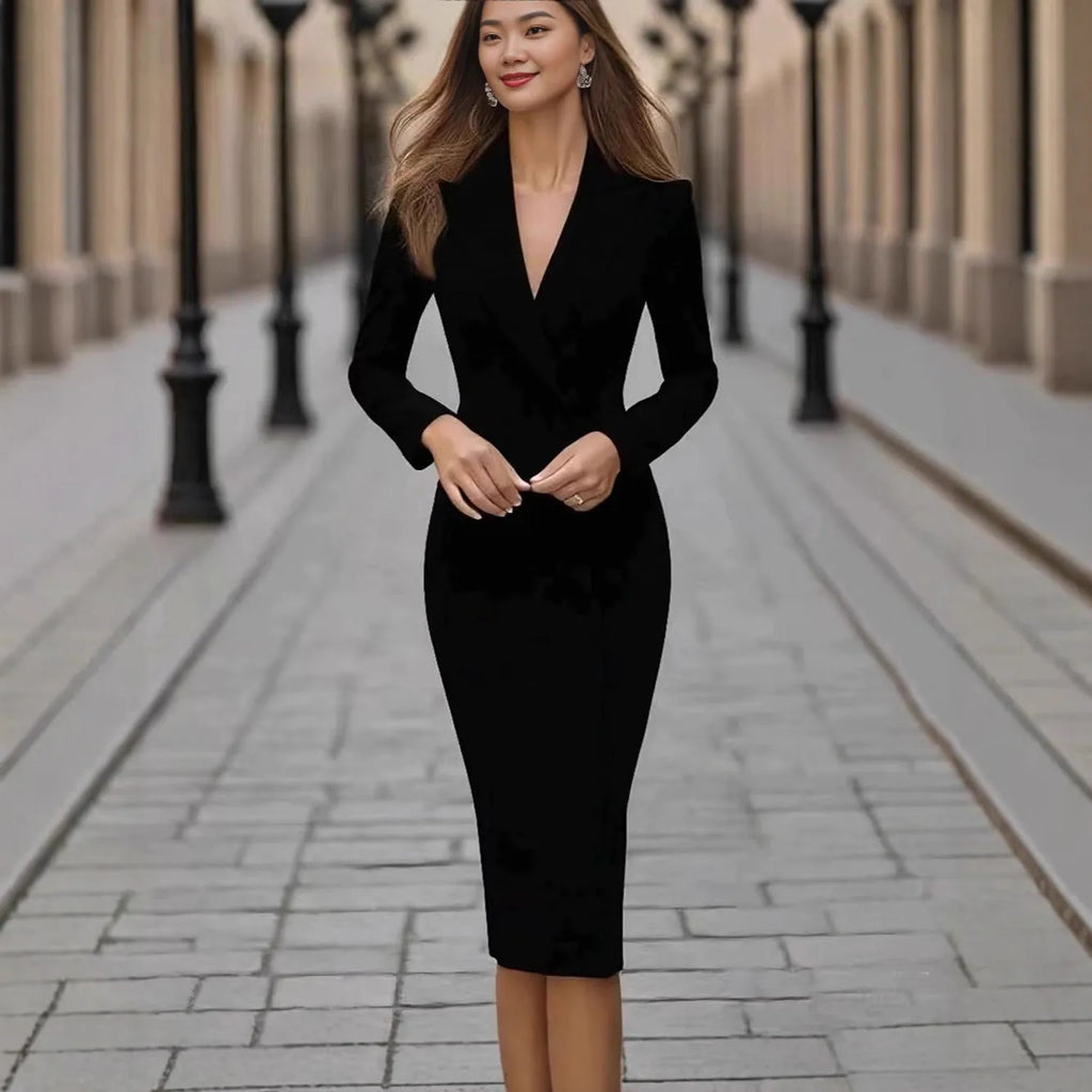 Single-breasted polyester coat dress with long sleeves and high-waist design in four colour options