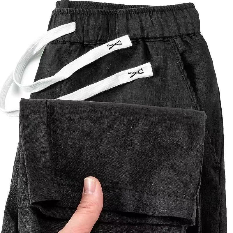 Chinese-style linen trousers with straight cut and drawstring elastic waist in multiple colour options