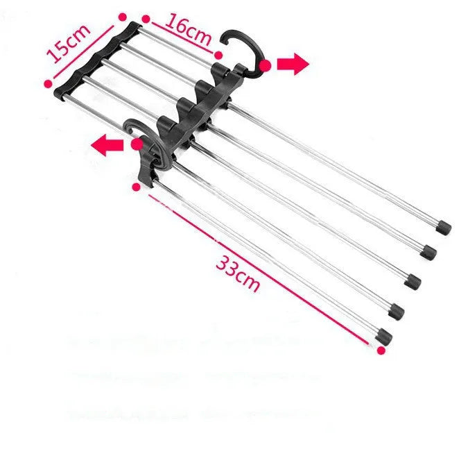 Black stainless steel wardrobe hanger with five booms for trousers organisation