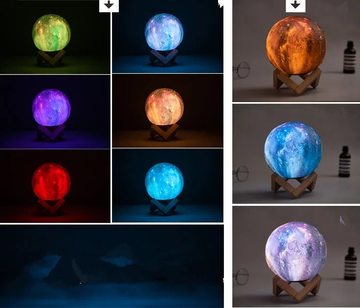 3D-printed spherical moon night light glowing with colour-changing LEDs on a dark surface.