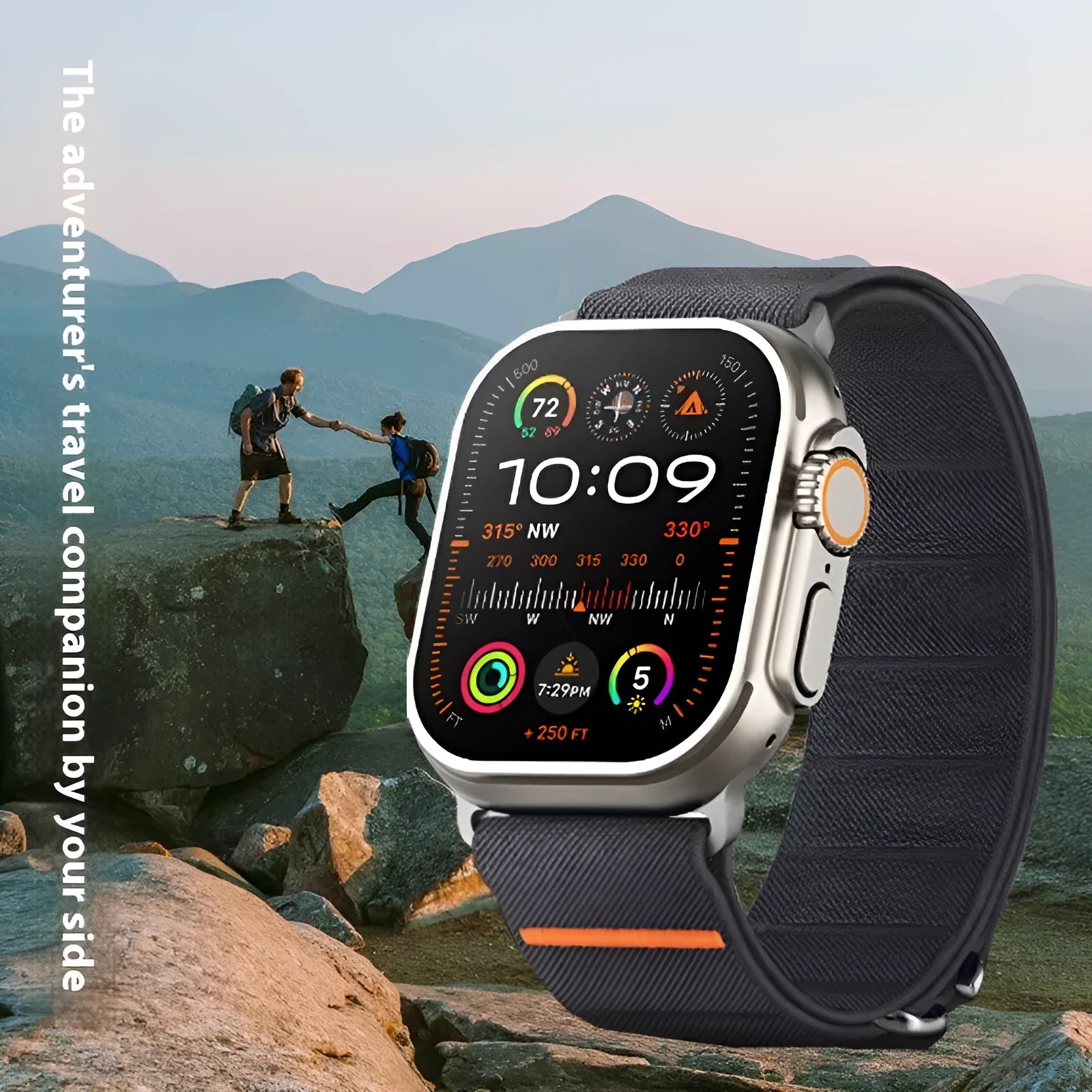 Elastic nylon Apple Watch band with stainless steel buckle shown in multiple colour options.