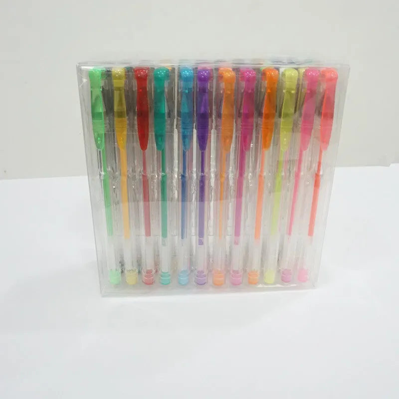 Set of 100 assorted colour gel pens with dual tip sizes, showing plastic barrels.