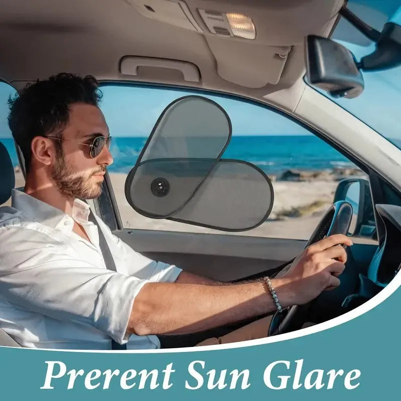 Black stretchy car side window sunshade fitted on glass with suction cups, shown twisted for storage.