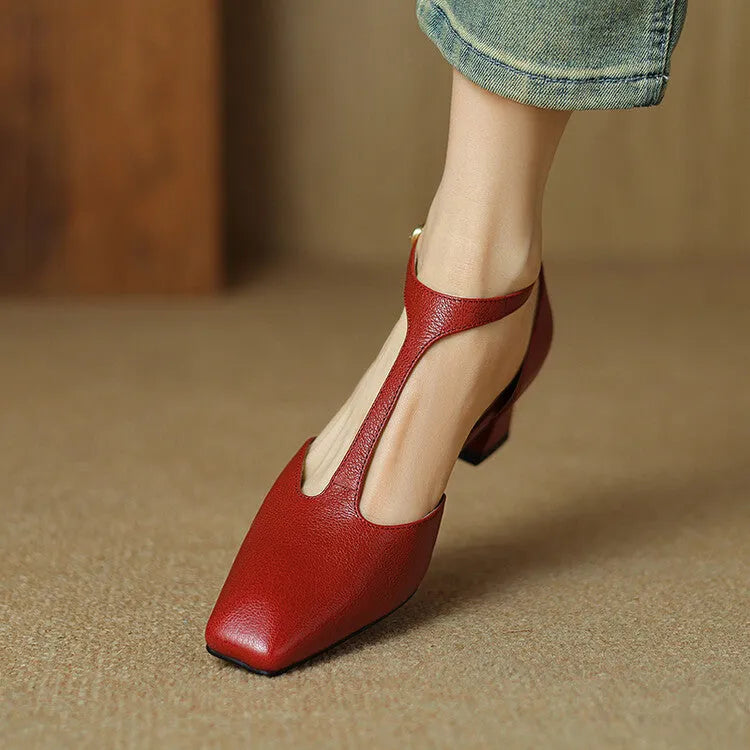 Women's wine red retro square toe chunky heel shoes with buckle fastening