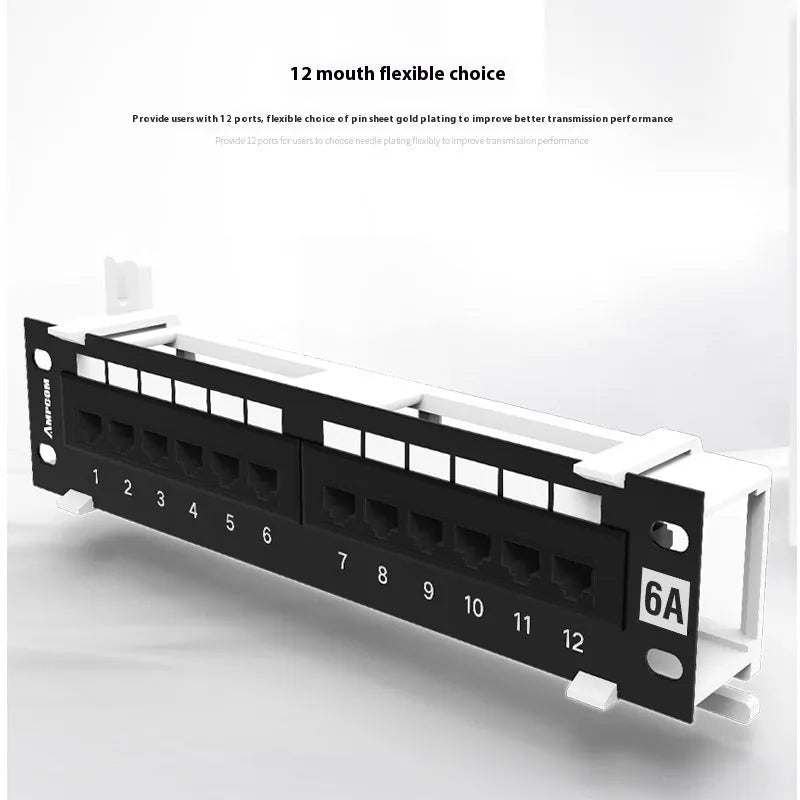 Black AMPCOM 12-port unshielded network distribution frame with rear hook bracket.