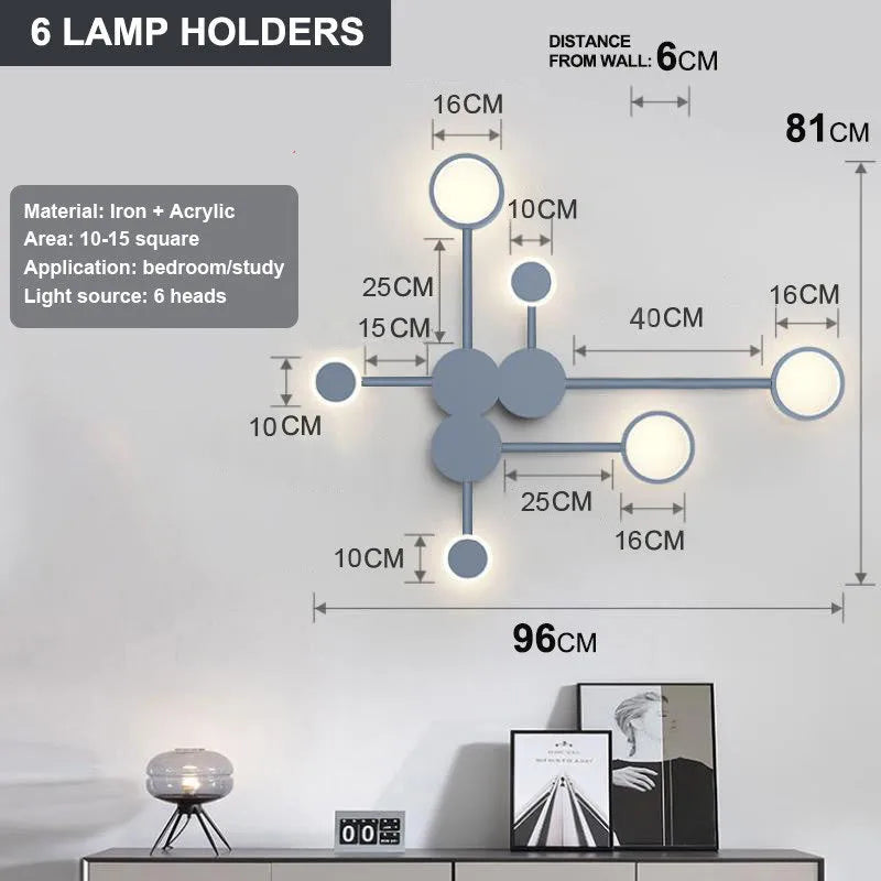 Contracted 6-head wall lamp in black finish, 54W, 96.5cm length, iron and acrylic