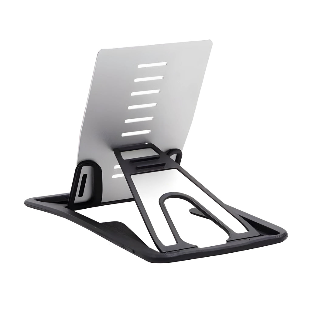 Black desktop card phone holder on a wooden desk next to a mobile phone and credit cards