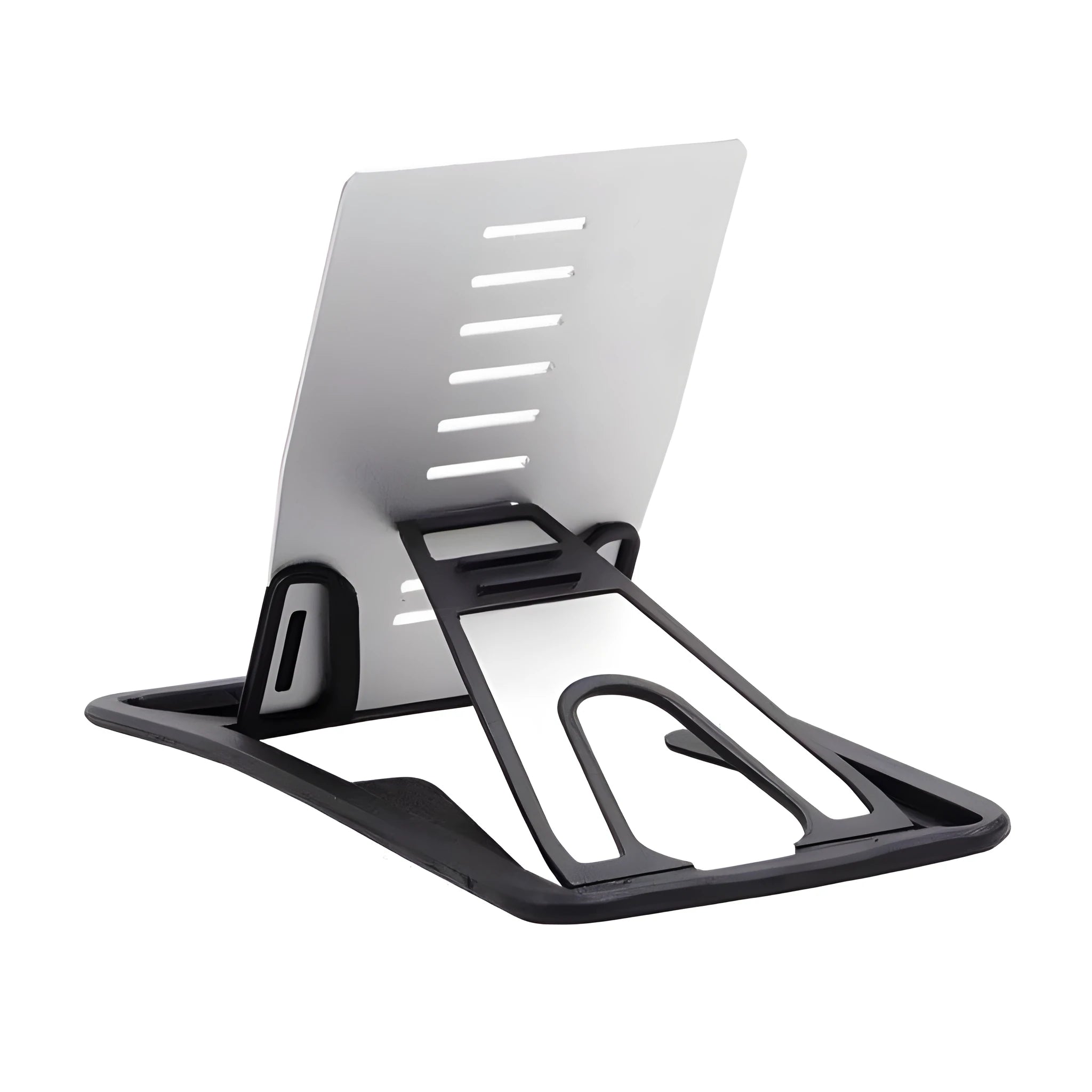 Black desktop card phone holder on a wooden desk next to a mobile phone and credit cards