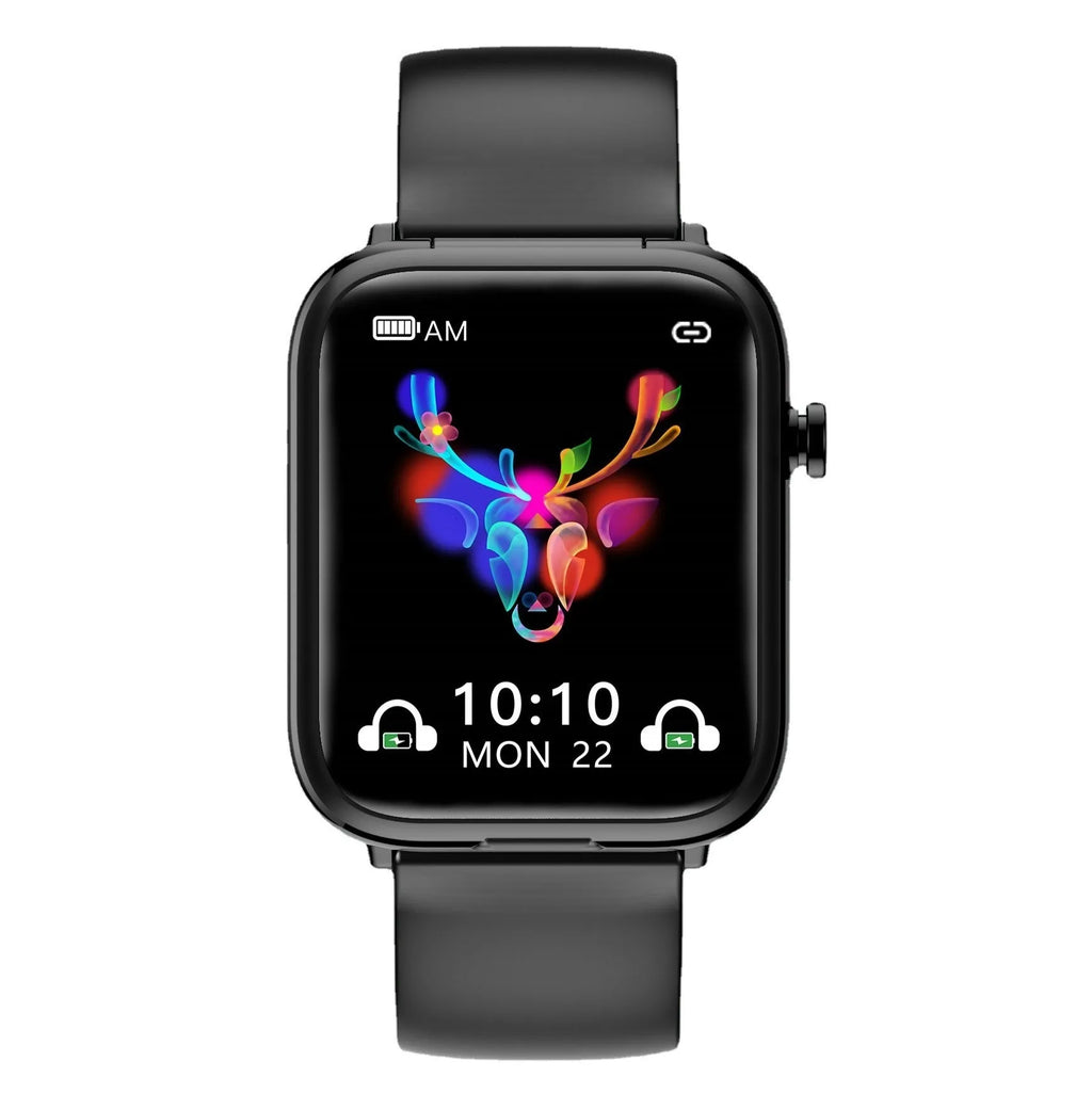 Black smartwatch with detachable wireless earbuds on a 1.69-inch touchscreen display.