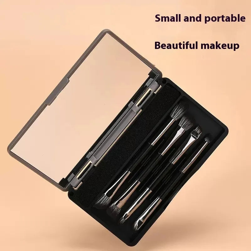 Silver and gold makeup brush sets in a case with a mirror, showing artificial fibre bristles.
