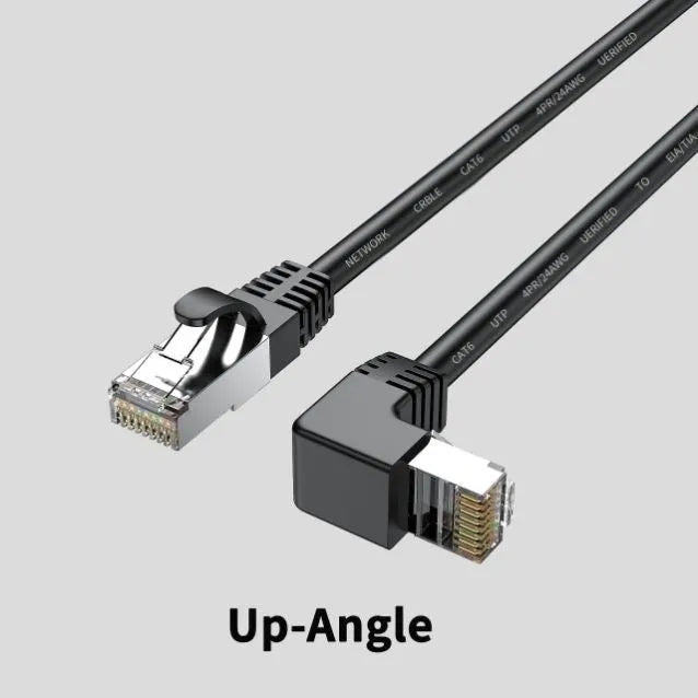Cat6 Ethernet cable with right-angle metal RJ45 connector in black, available in multiple lengths