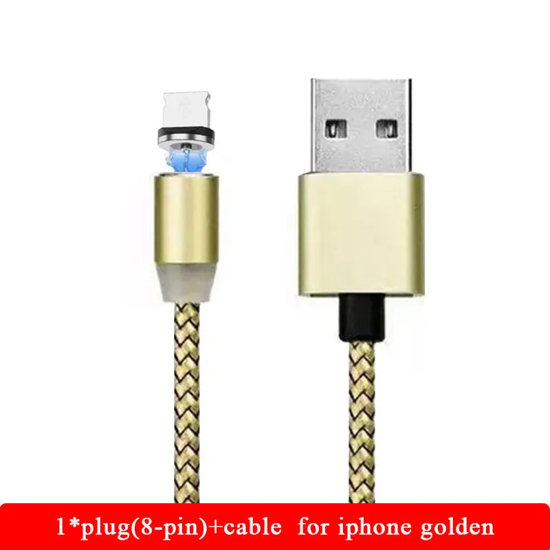 Black magnetic LED charging cable with aluminium shell and woven texture, showing LED light and connector.