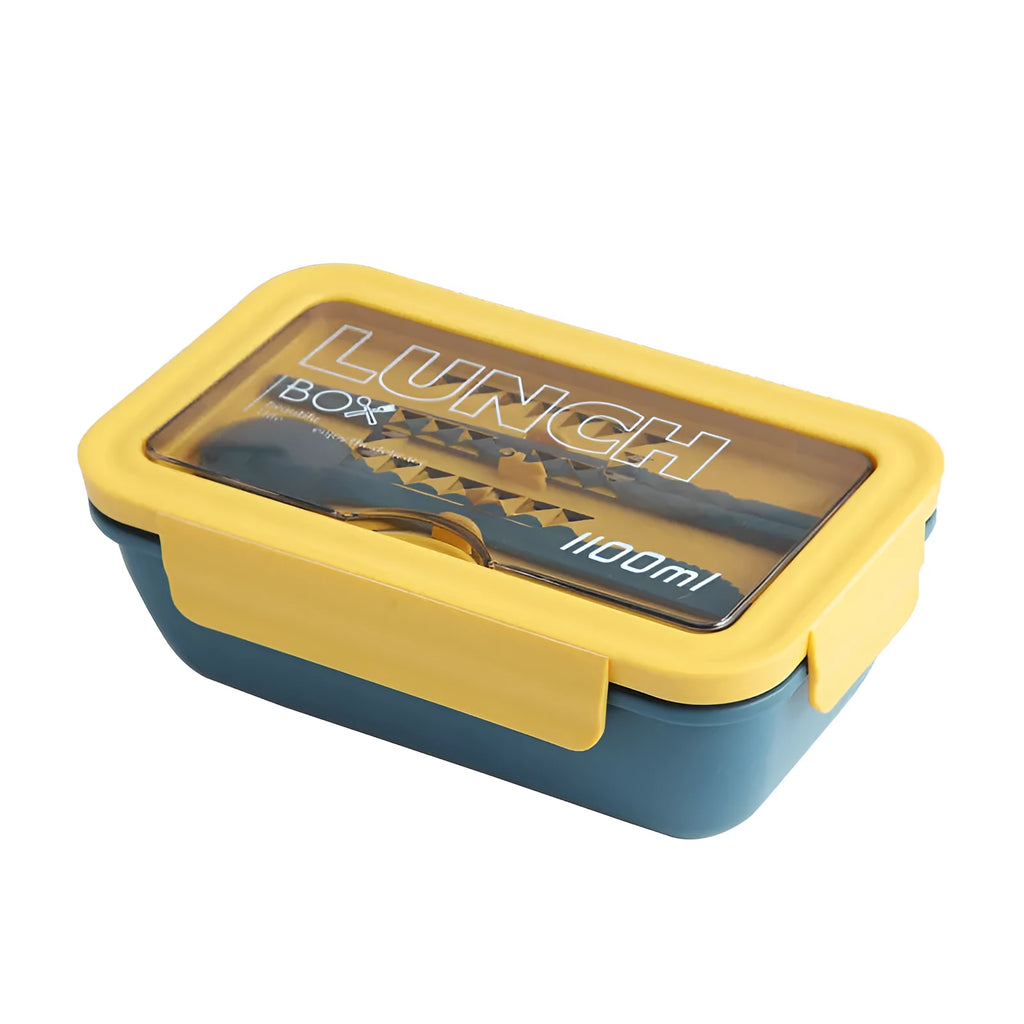 Green four-layer partitioned plastic bento lunch box with lid open.