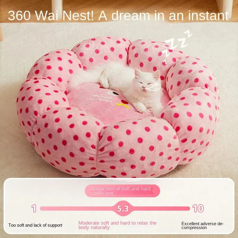 Pink dot fabric cat bed in 45cm and 65cm diameter options for pets up to 20 pounds