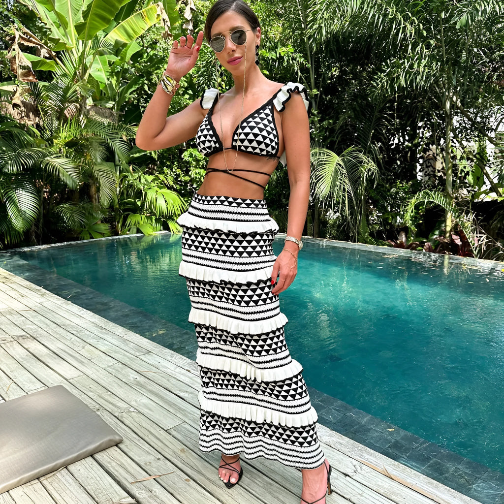 Women's black and white striped cotton bikini top with ruffled spaghetti straps and matching long knitted skirt