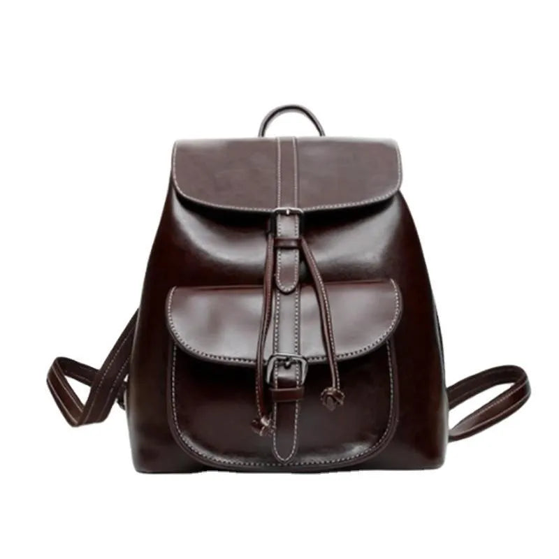 Korean style black cowhide leather backpack with front pocket and pull-belt