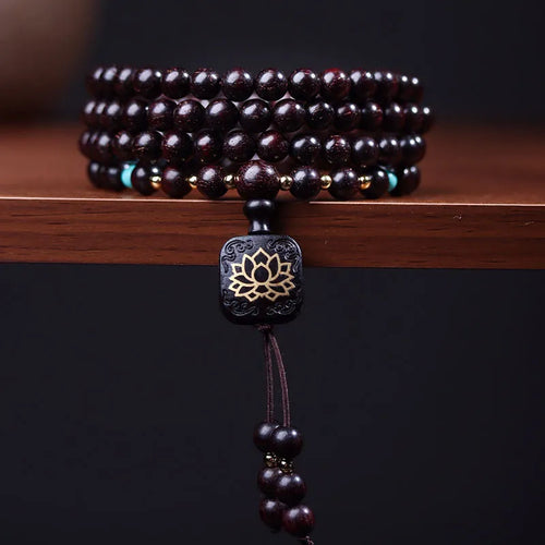 Zambian rosewood Buddha beads bracelet with 108 wooden beads and flat lotus pendant on string