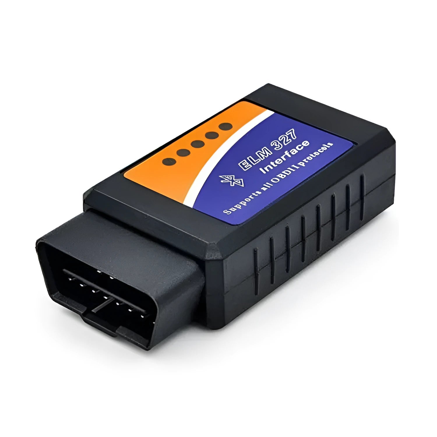 Compact blue and black Bluetooth OBD2 car diagnostic scanner with ELM327 chip.
