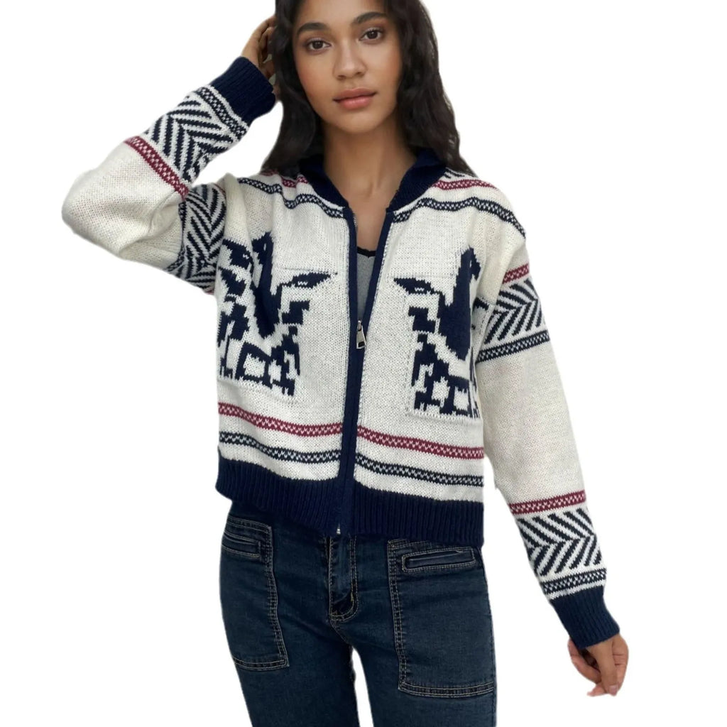 White women's zip cardigan with jacquard lapel and contrast stripe pattern