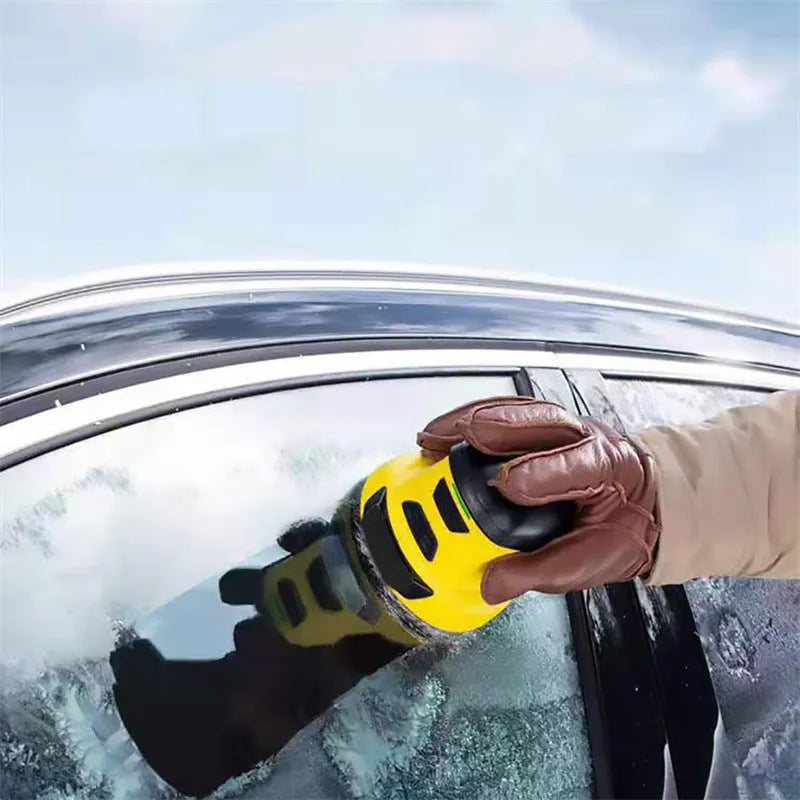 Yellow cordless electric car snow scraper with funnel shape and USB charging cable