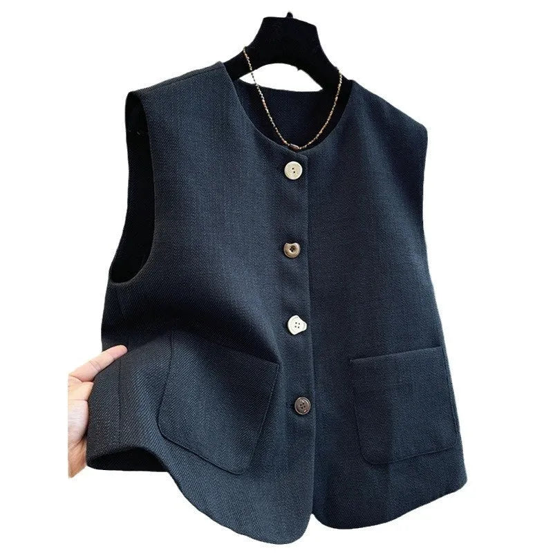 Women's French style round neck bandage vest in polyester fabric, available in milky white and black colours