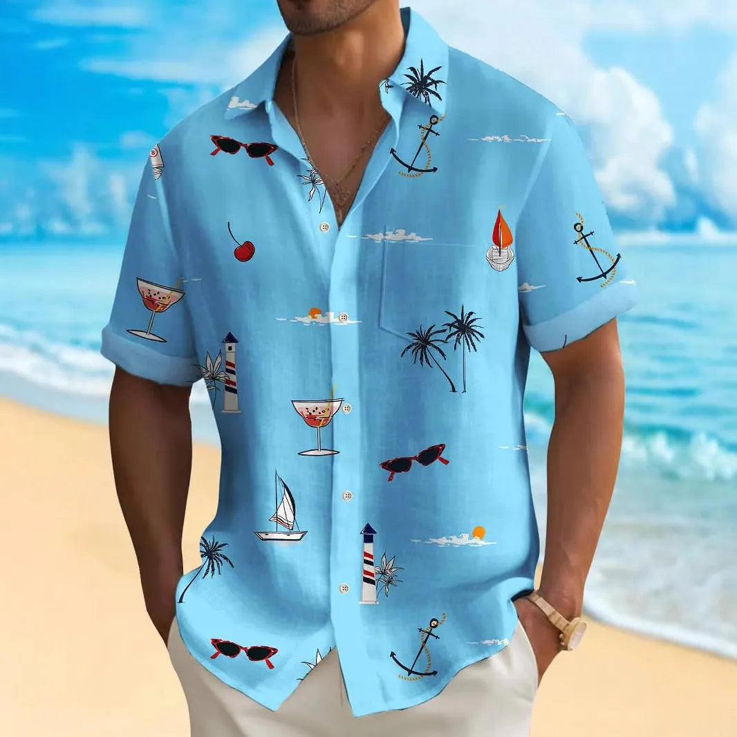 Man wearing a colourful digitally printed Hawaiian shirt with a loose fit and short sleeves.