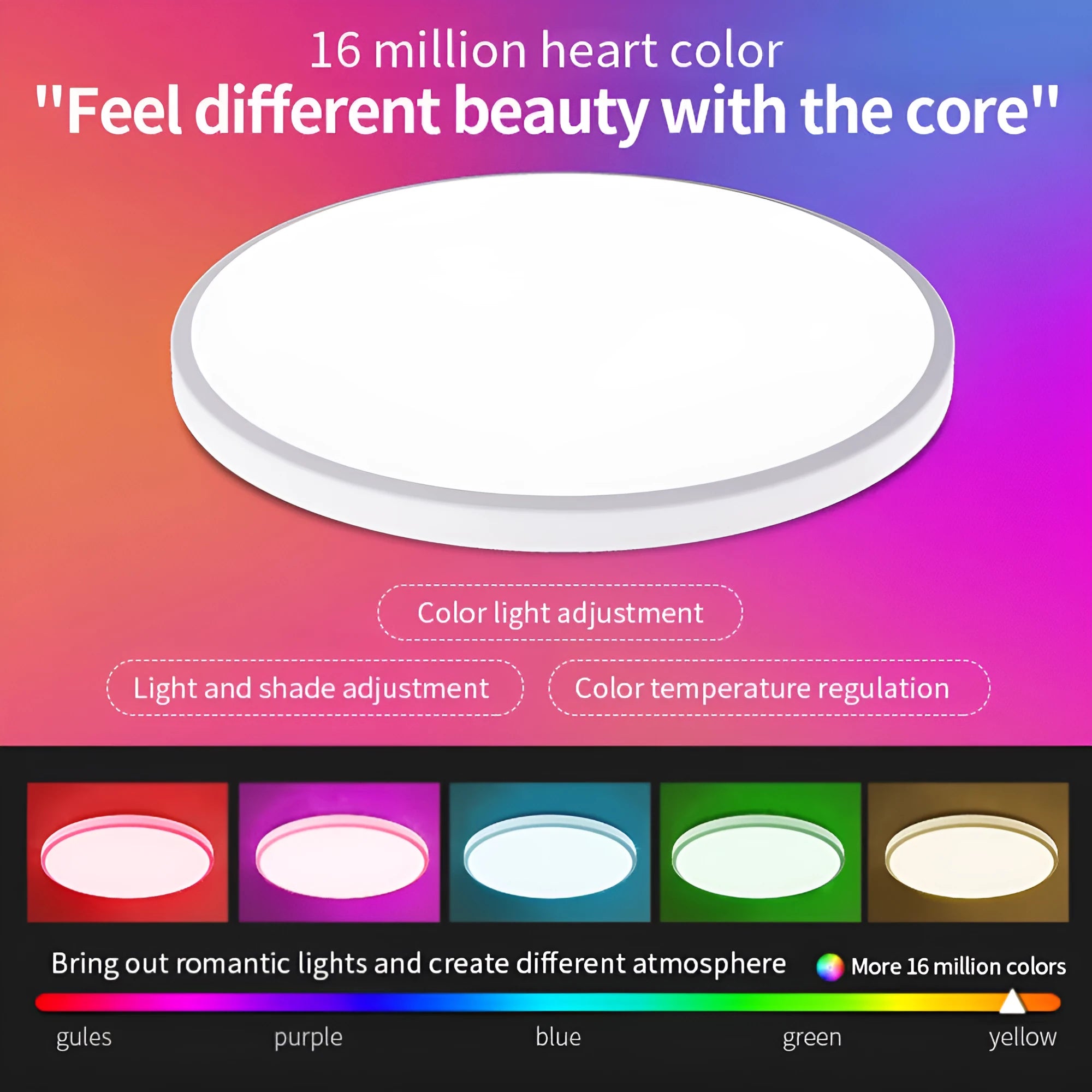 300mm diameter RGBCW smart ceiling lamp in black finish with remote control