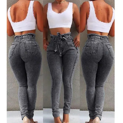 Cowboy fabric fringed jeans in dark blue, grey, or light blue on a model.