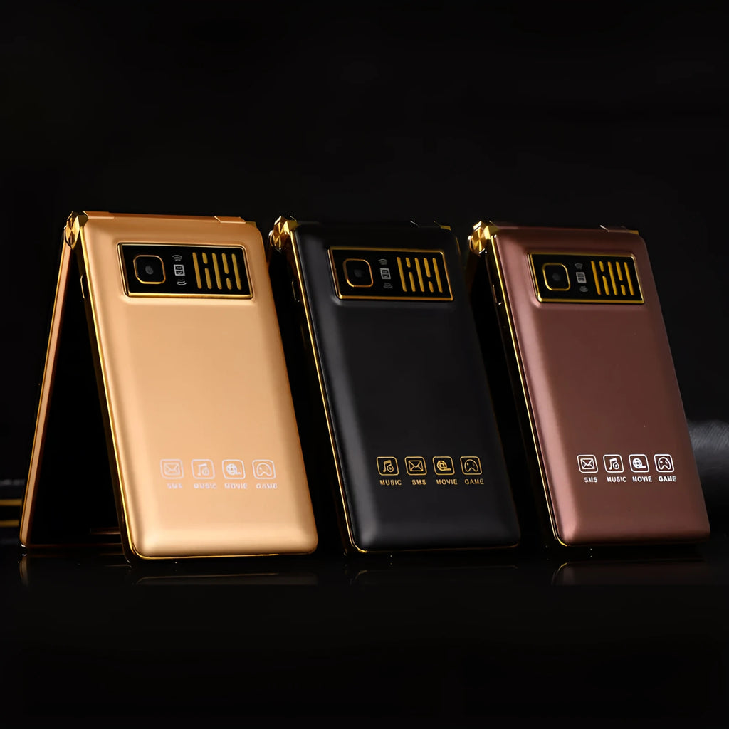 Dual screen flip phone for elderly users showing internal touch screen and external display