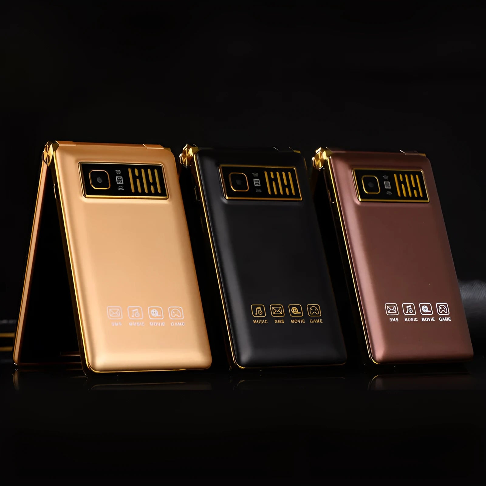 Dual screen flip phone for elderly users showing internal touch screen and external display