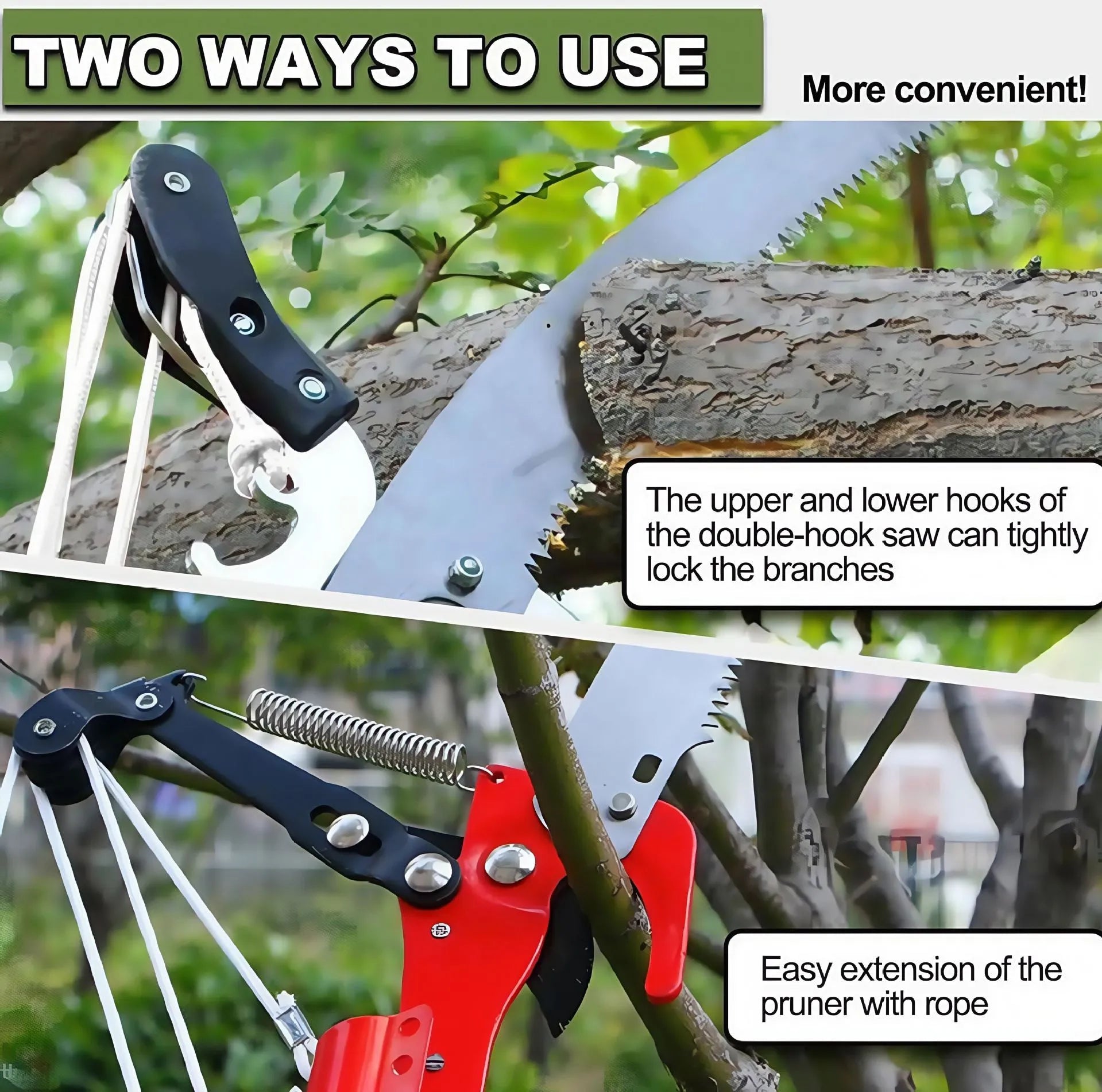 Pull rope pruning shears with extended 3.3 metre 8-section metal pole for high branch cutting