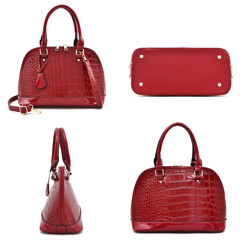 Shiny PU crossbody bag with shell shape, shown in black, red, or brown colour options