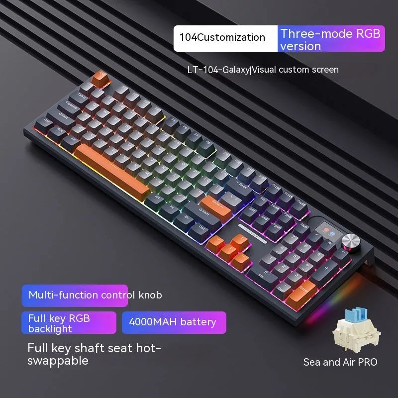 Full-size three-mode mechanical keyboard with ABS casing and Type-C cable on desk
