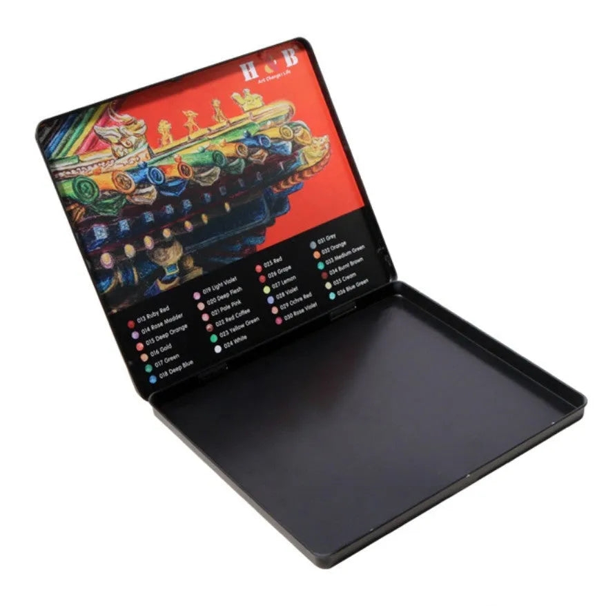 Water-soluble coloured pencil set with 24 colours in a protective iron art box