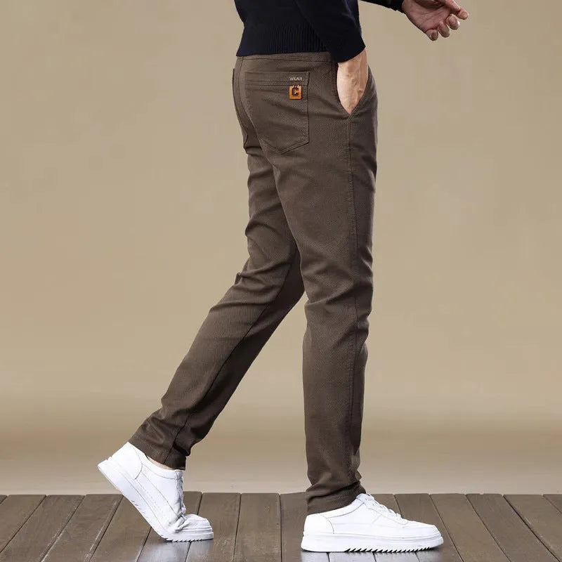 Men's fleece-lined slim fit tapered casual pants in black, cotton fabric, available in sizes 28-40