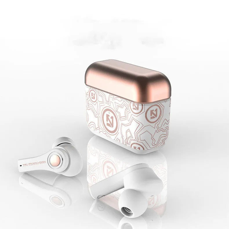 Black and white TWS wireless headphones with touch controls in charging case