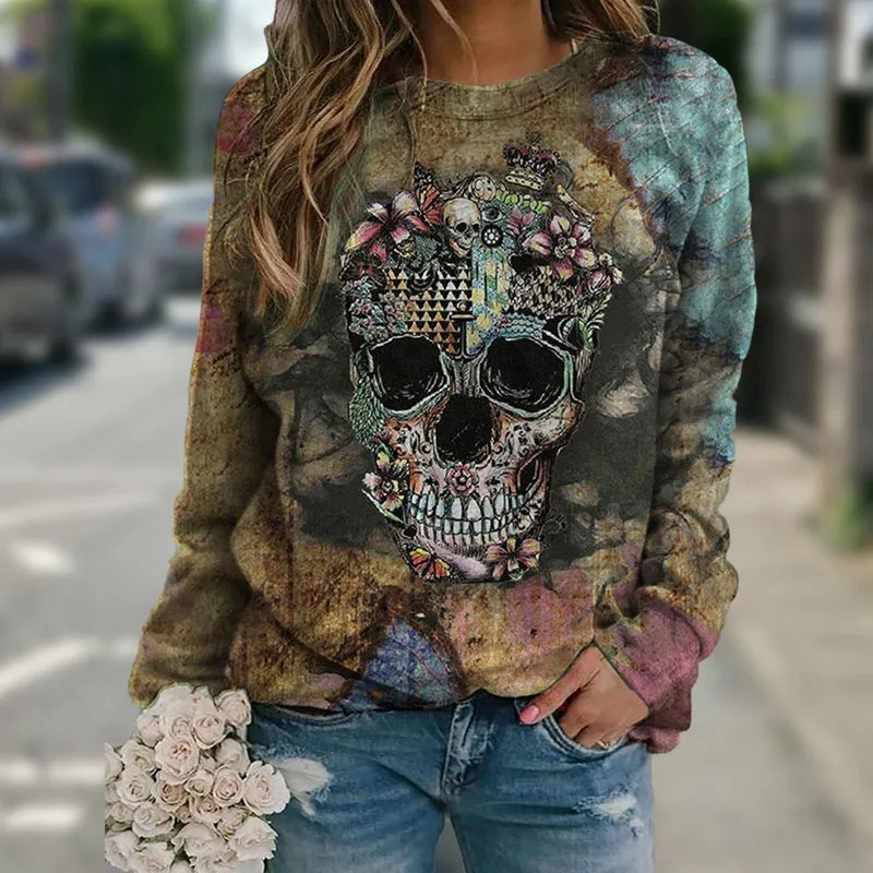 Black long sleeve sweatshirt with a graphic skull print design on the front.