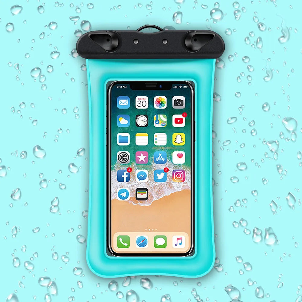 Clear double airbag waterproof phone pouch with orange lanyard on a blue background.