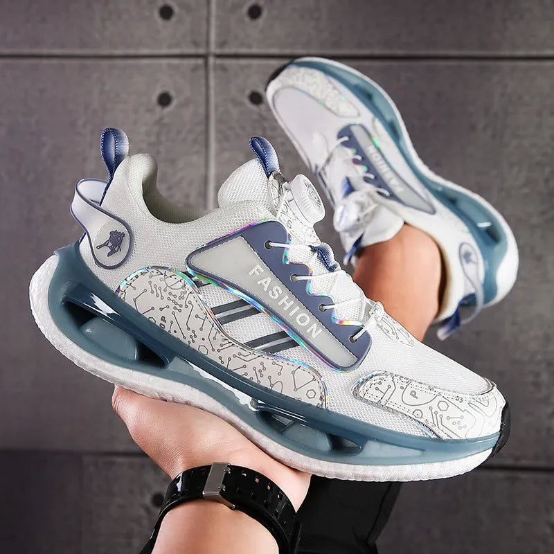 Men's low-top mesh sports shoes in solid colours with an elastic band and popcorn TPU sole.