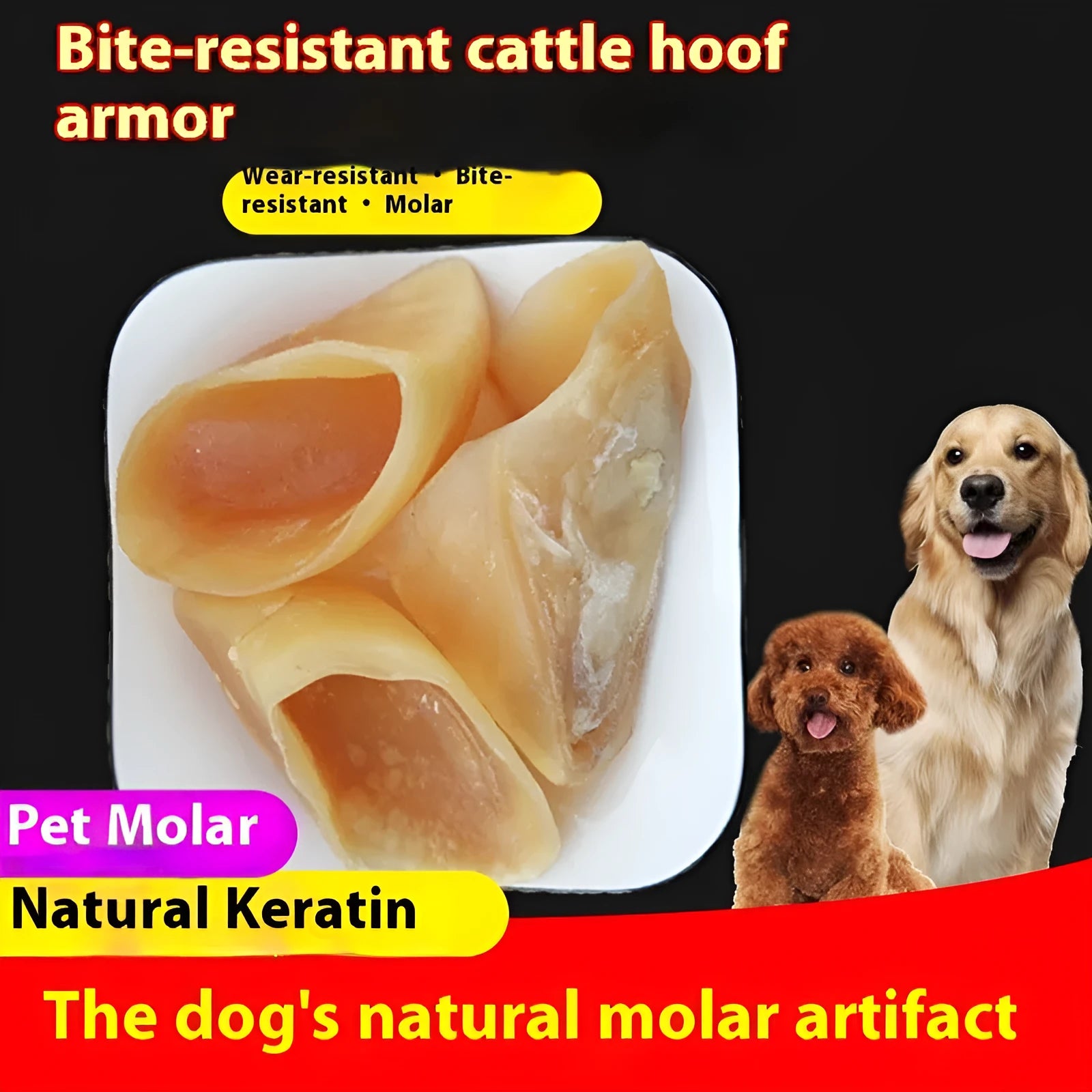 Natural cowhide dog chew snack in hoof shell colour for small and large breed sizes.